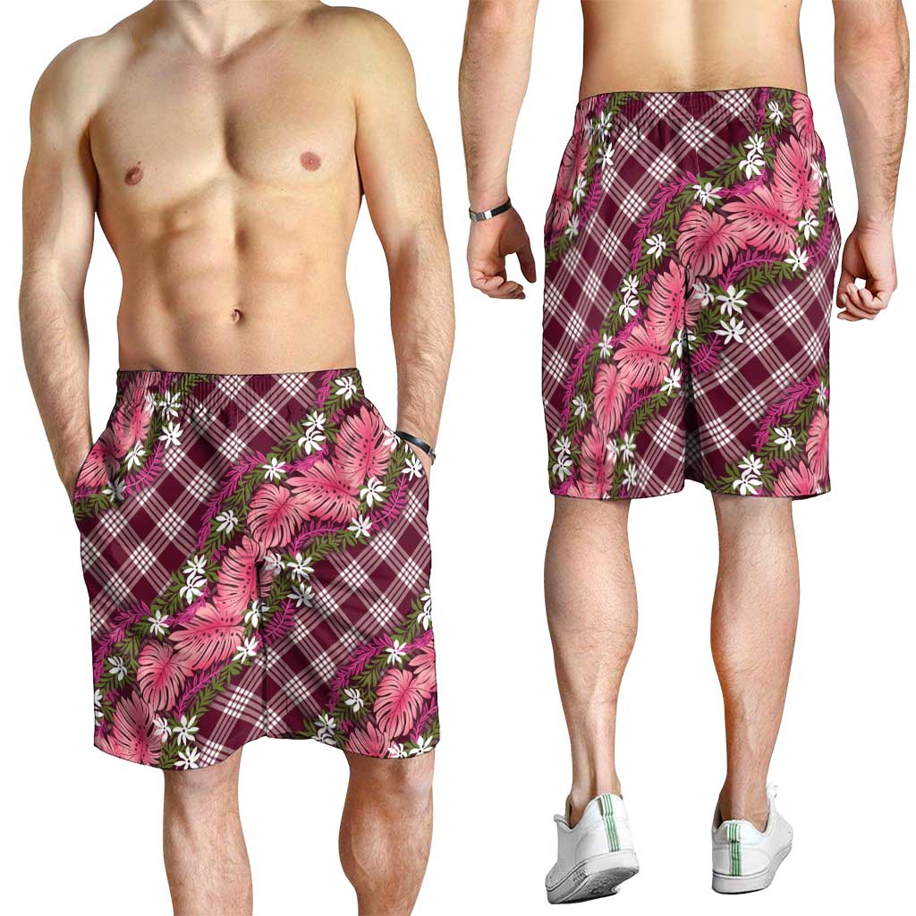 Polynesian Monstera Tiare Floral Shorts for Men Fuchsia Tropical Plaid - Polynesian Pride