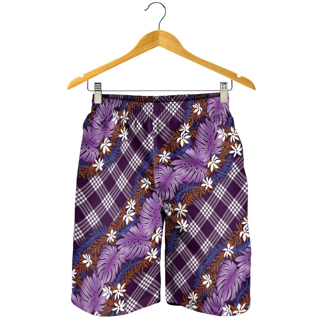 Polynesian Monstera Tiare Floral Shorts for Men Lavender Tropical Plaid - Polynesian Pride