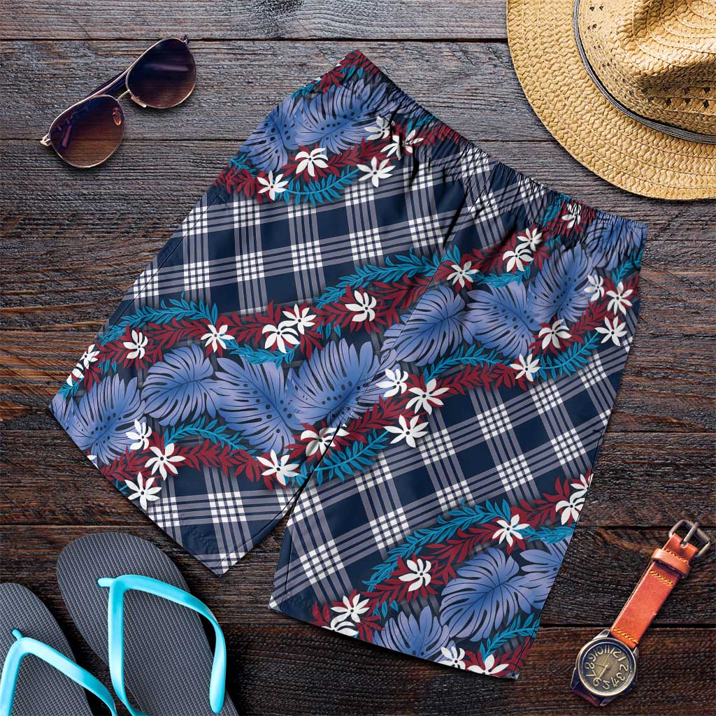 Polynesian Monstera Tiare Floral Shorts for Men Royal Blue Tropical Plaid - Polynesian Pride