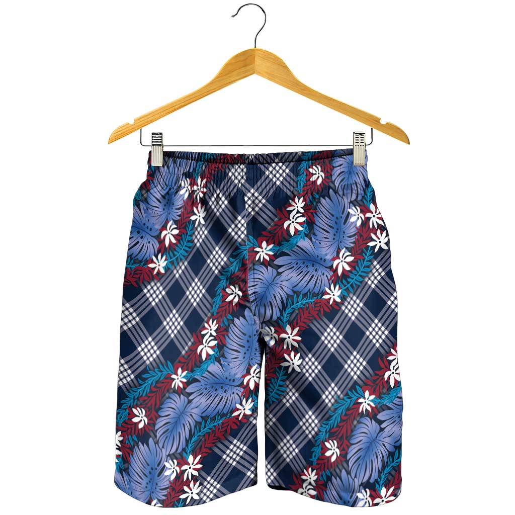 Polynesian Monstera Tiare Floral Shorts for Men Royal Blue Tropical Plaid - Polynesian Pride
