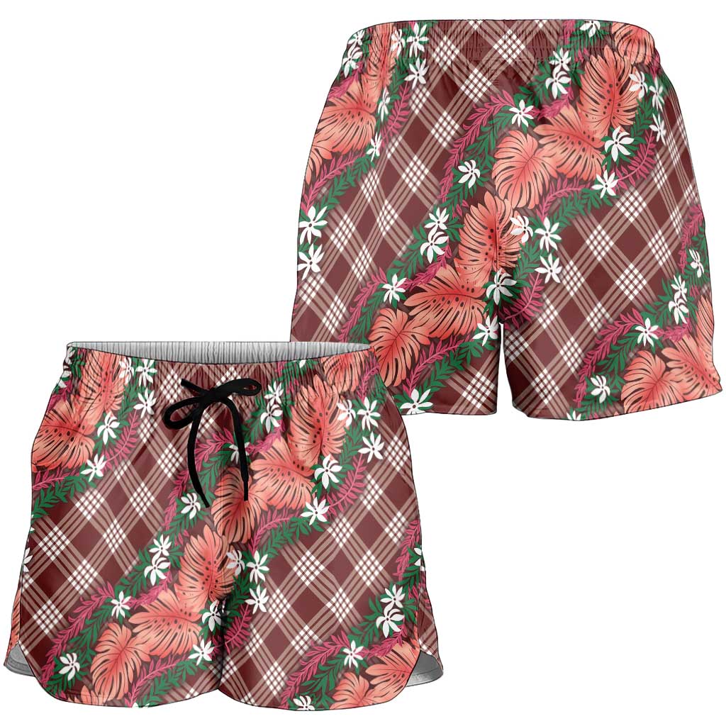 Polynesian Monstera Tiare Floral Shorts for Women Burgundy Tropical Plaid - Polynesian Pride