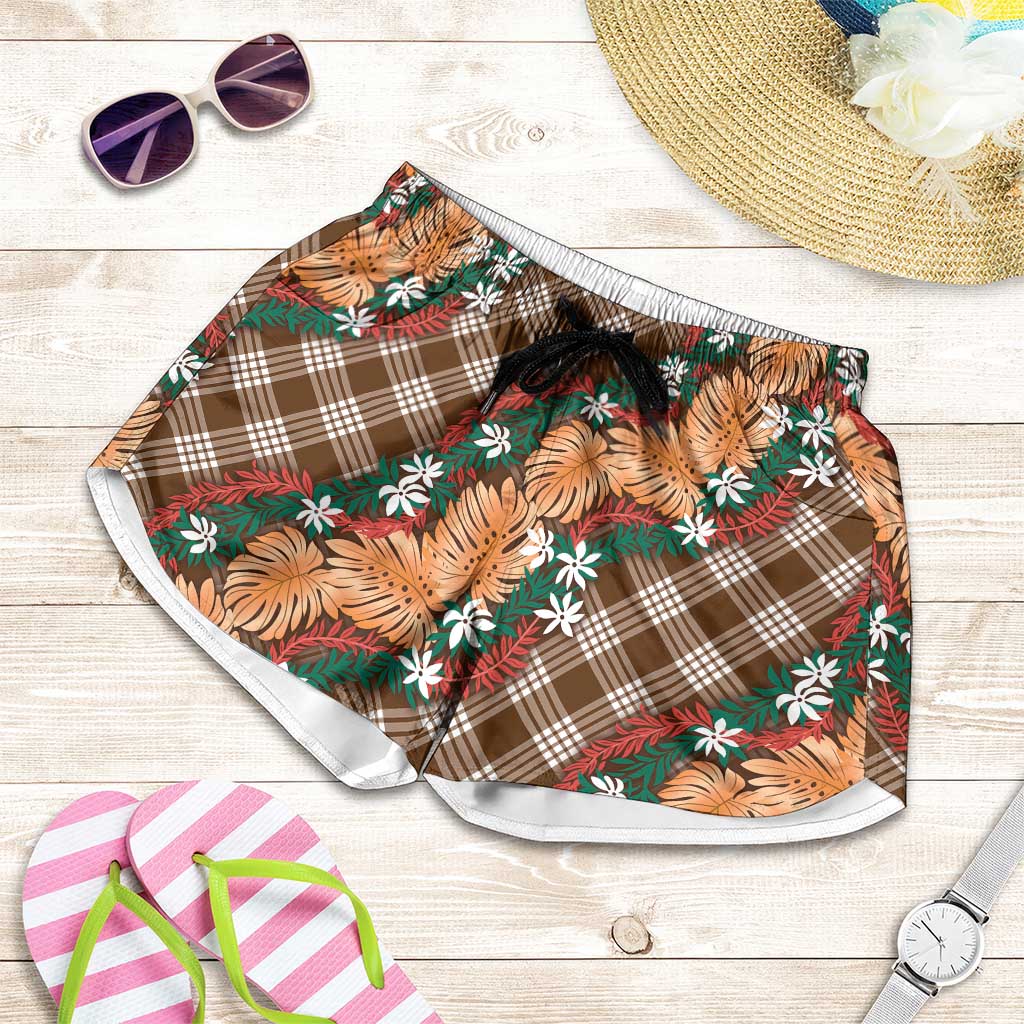 Polynesian Monstera Tiare Floral Shorts for Women Chocolate Brown Tropical Plaid - Polynesian Pride