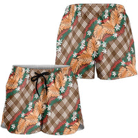 Polynesian Monstera Tiare Floral Shorts for Women Chocolate Brown Tropical Plaid - Polynesian Pride
