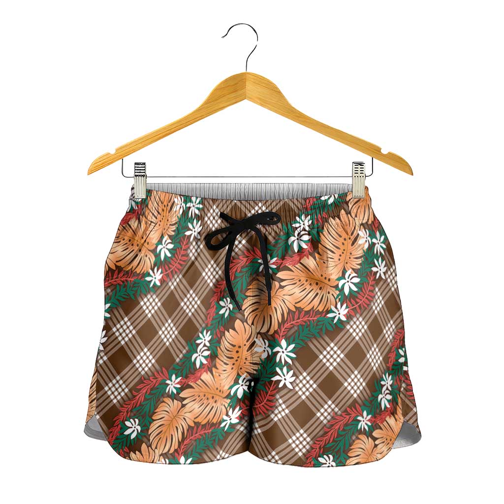 Polynesian Monstera Tiare Floral Shorts for Women Chocolate Brown Tropical Plaid - Polynesian Pride