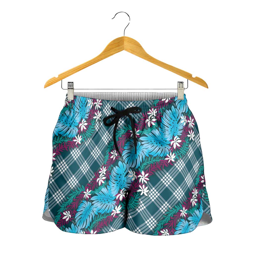 Polynesian Monstera Tiare Floral Shorts for Women Dark Teal Tropical Plaid - Polynesian Pride