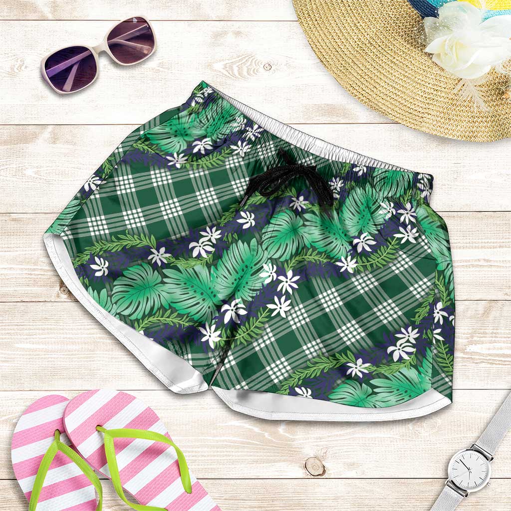 Polynesian Monstera Tiare Floral Shorts for Women Forest Green Tropical Plaid - Polynesian Pride