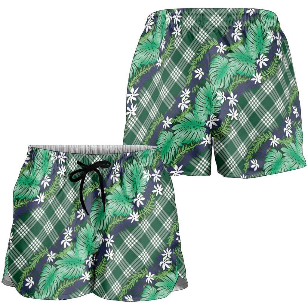 Polynesian Monstera Tiare Floral Shorts for Women Forest Green Tropical Plaid - Polynesian Pride