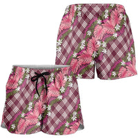 Polynesian Monstera Tiare Floral Shorts for Women Fuchsia Tropical Plaid - Polynesian Pride