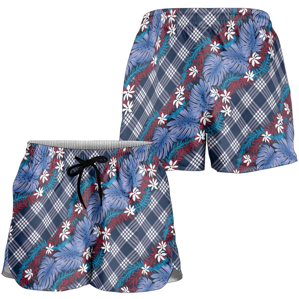 Polynesian Monstera Tiare Floral Shorts for Women Royal Blue Tropical Plaid - Polynesian Pride