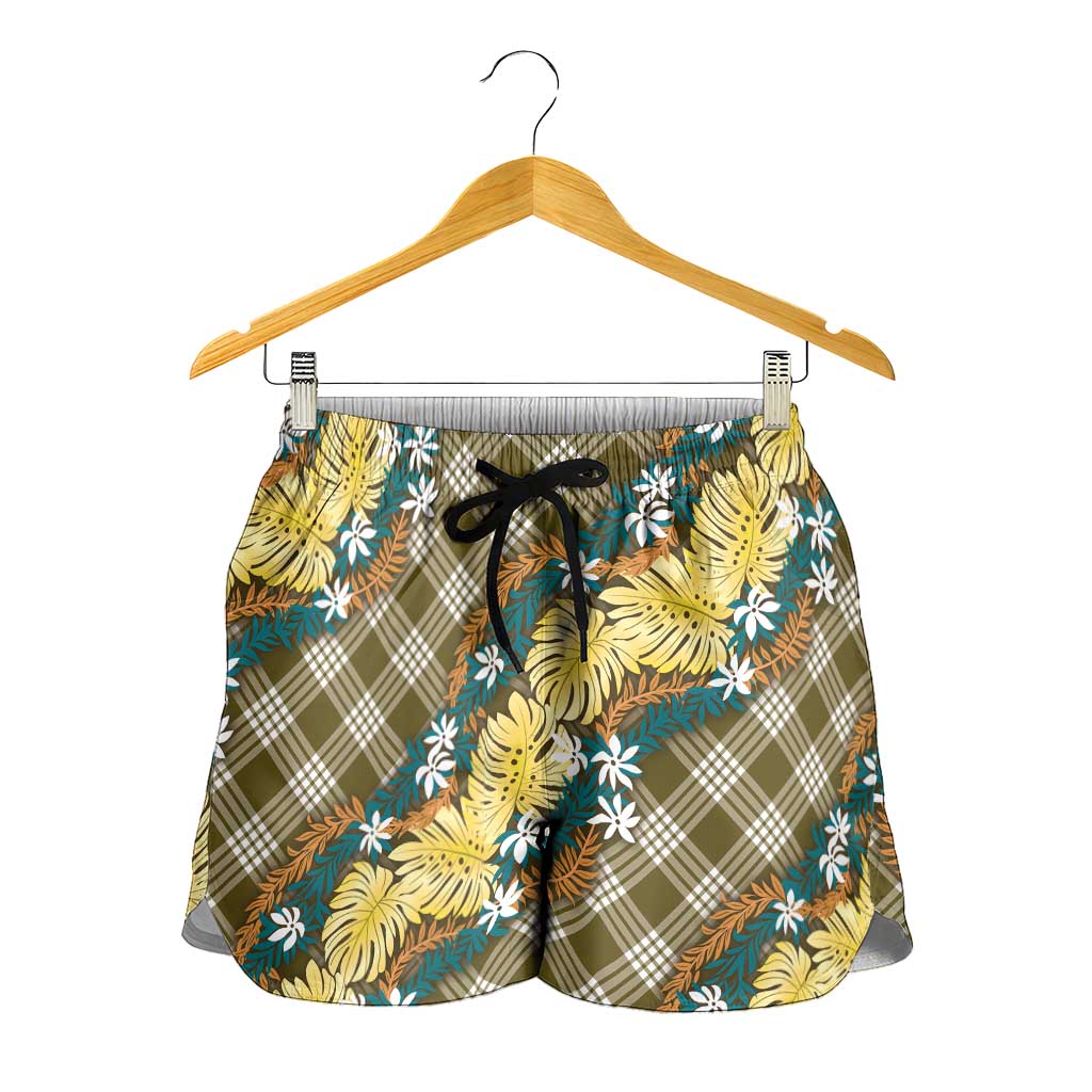 Polynesian Monstera Tiare Floral Shorts for Women Yellow Tropical Plaid - Polynesian Pride