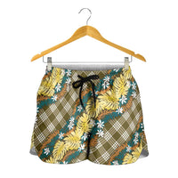 Polynesian Monstera Tiare Floral Shorts for Women Yellow Tropical Plaid - Polynesian Pride