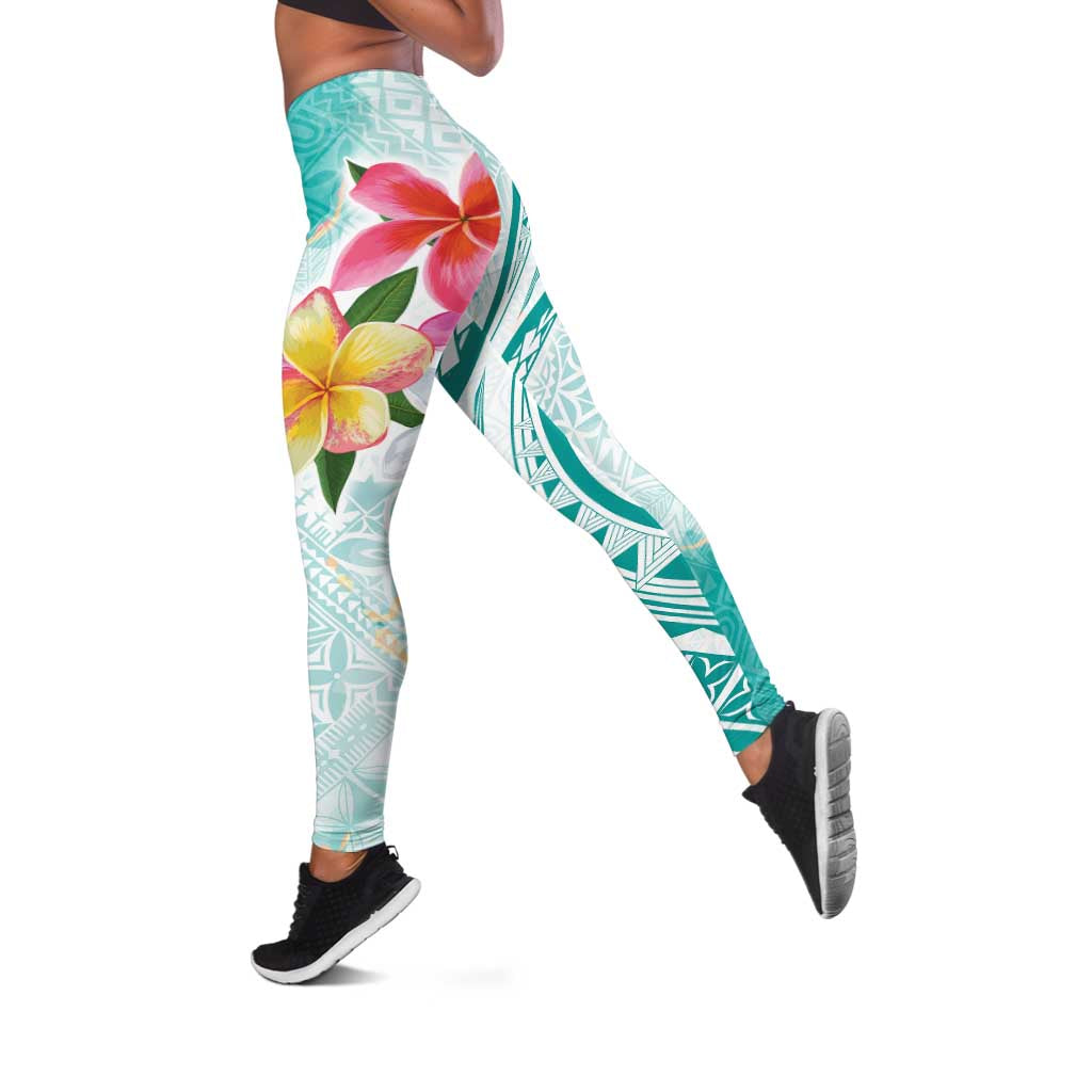 Polynesian Women's Day Wahine Leggings Plumeria Marble Glaze - Teal LT7
