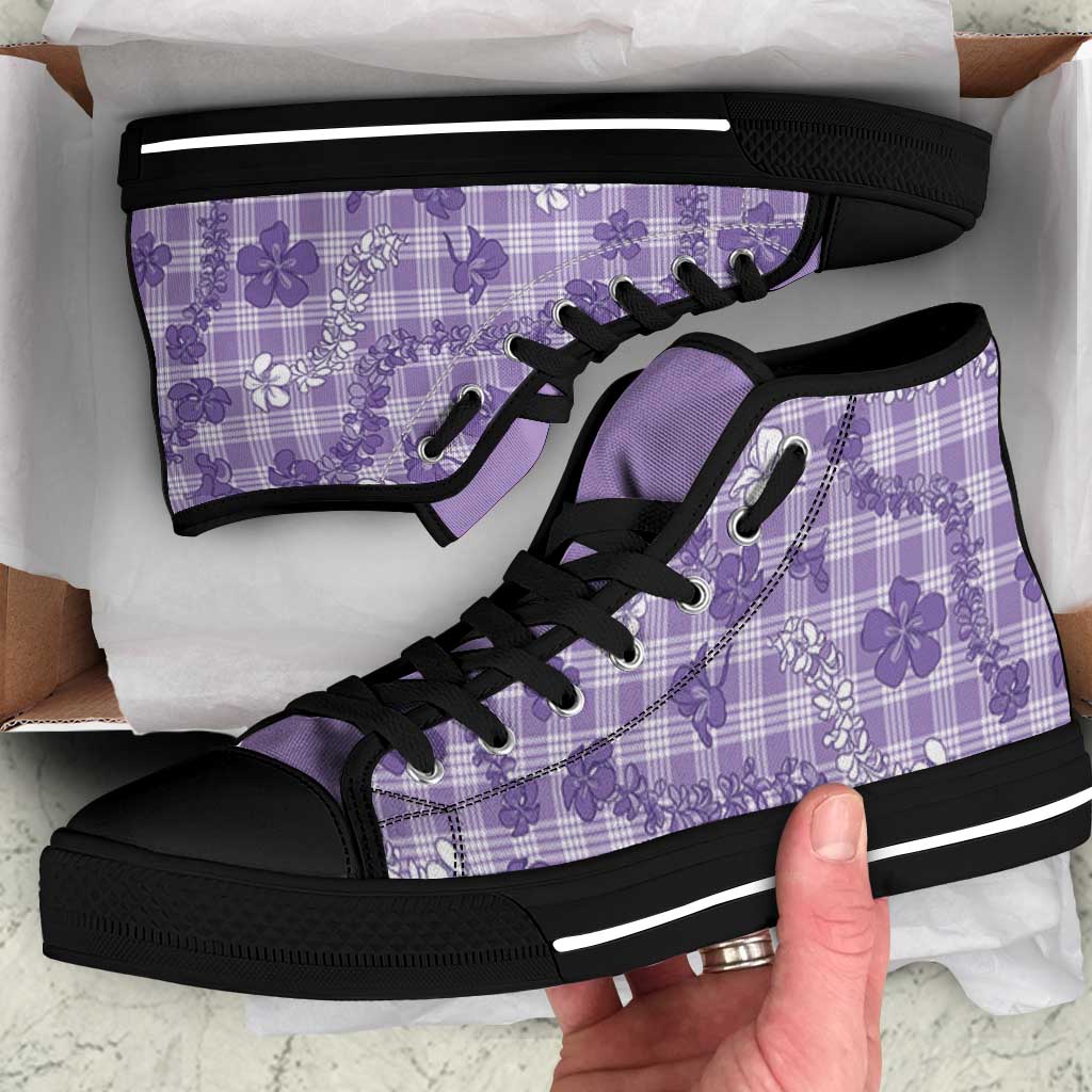 Poni Aloha Hawaii High Top Shoes Plumeria Lei With Palaka Motif LT14 Purple - Polynesian Pride