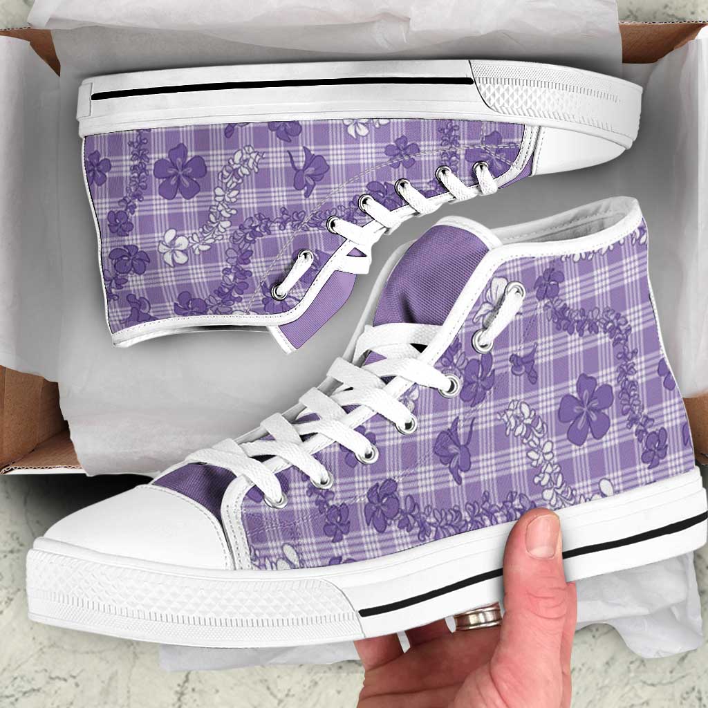 Poni Aloha Hawaii High Top Shoes Plumeria Lei With Palaka Motif LT14 Purple - Polynesian Pride