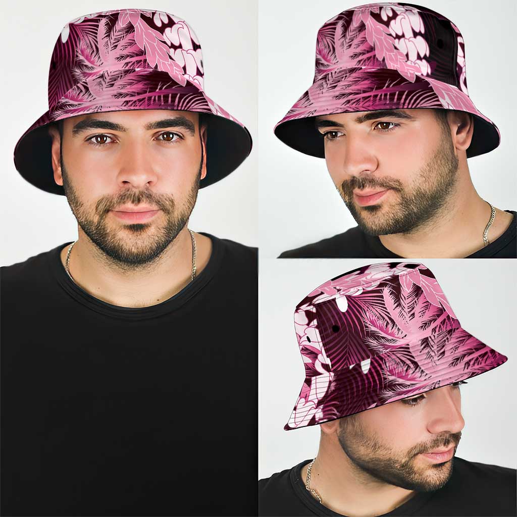 Puakenikeni Maile Lei Bucket Hat Frangipani Pink Tropical Leaves