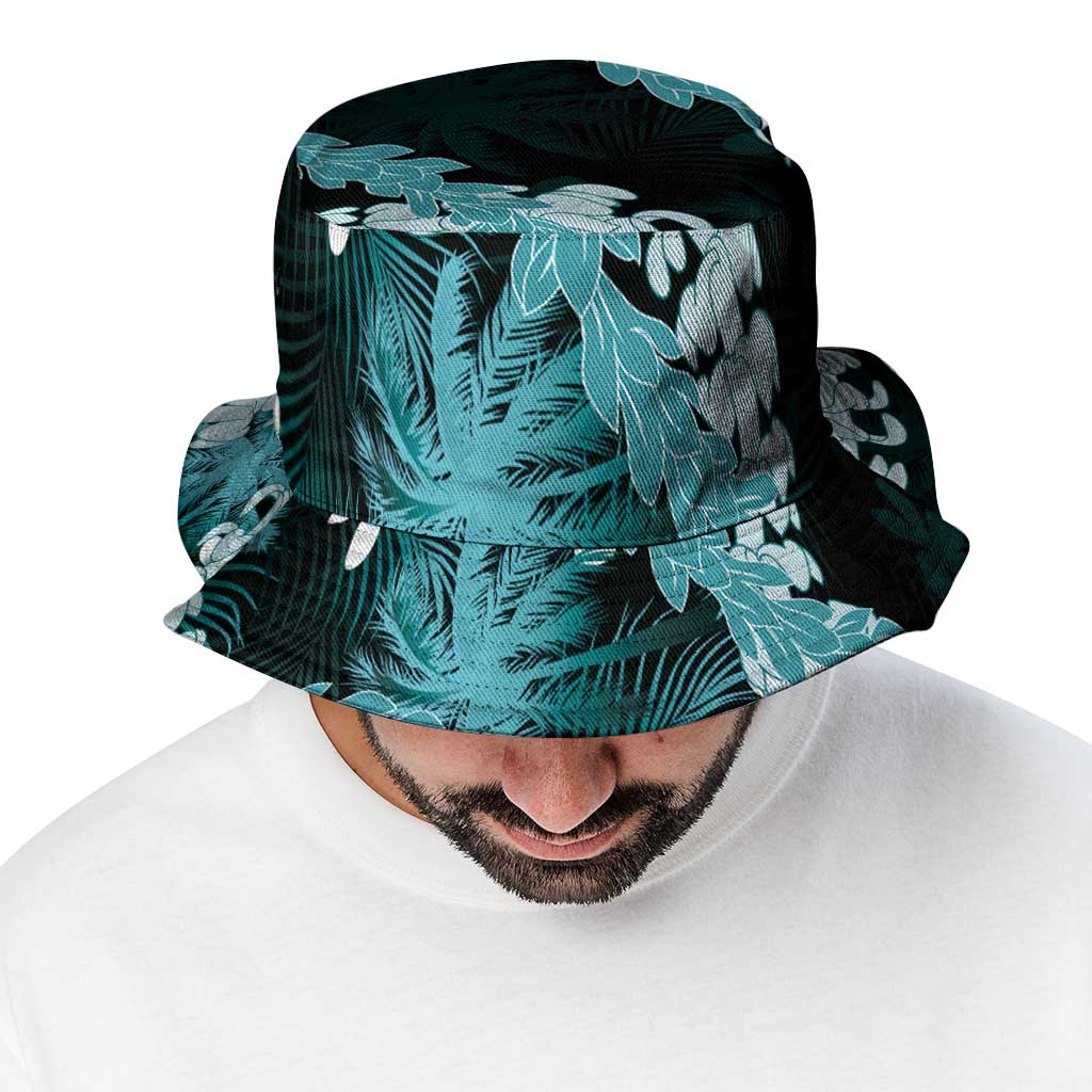 Puakenikeni Maile Lei Bucket Hat Frangipani Turquoise Tropical Leaves