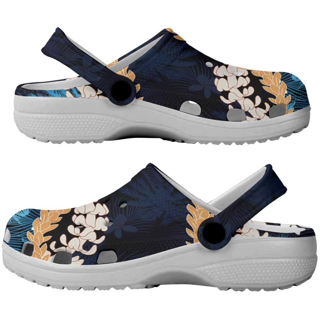 Puakenikeni Maile Lei Clogs Shoes Frangipani Blue Tropical Leaves LT01 - Polynesian Pride