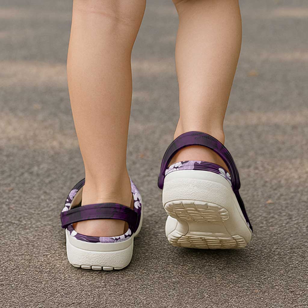 Puakenikeni Maile Lei Clogs Shoes Frangipani Purple Tropical Leaves