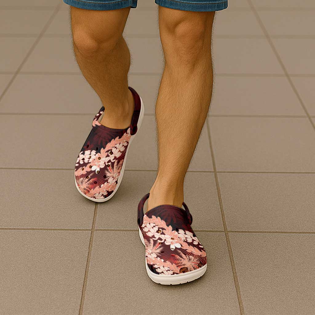 Puakenikeni Maile Lei Clogs Shoes Frangipani Red Tropical Leaves