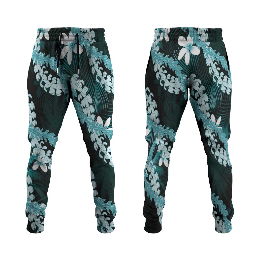 Puakenikeni Maile Lei Jogger Pants Frangipani Turquoise Tropical Leaves