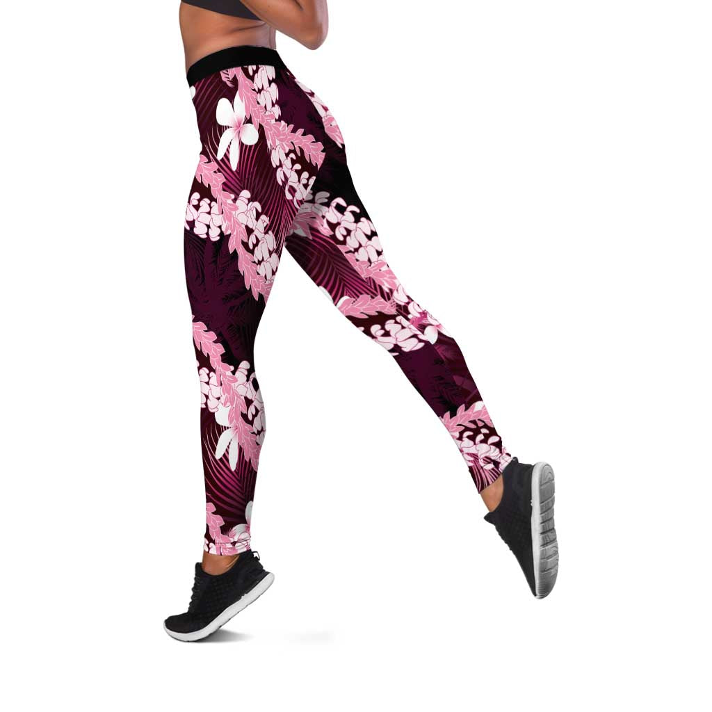 Puakenikeni Maile Lei Leggings Frangipani Pink Tropical Leaves