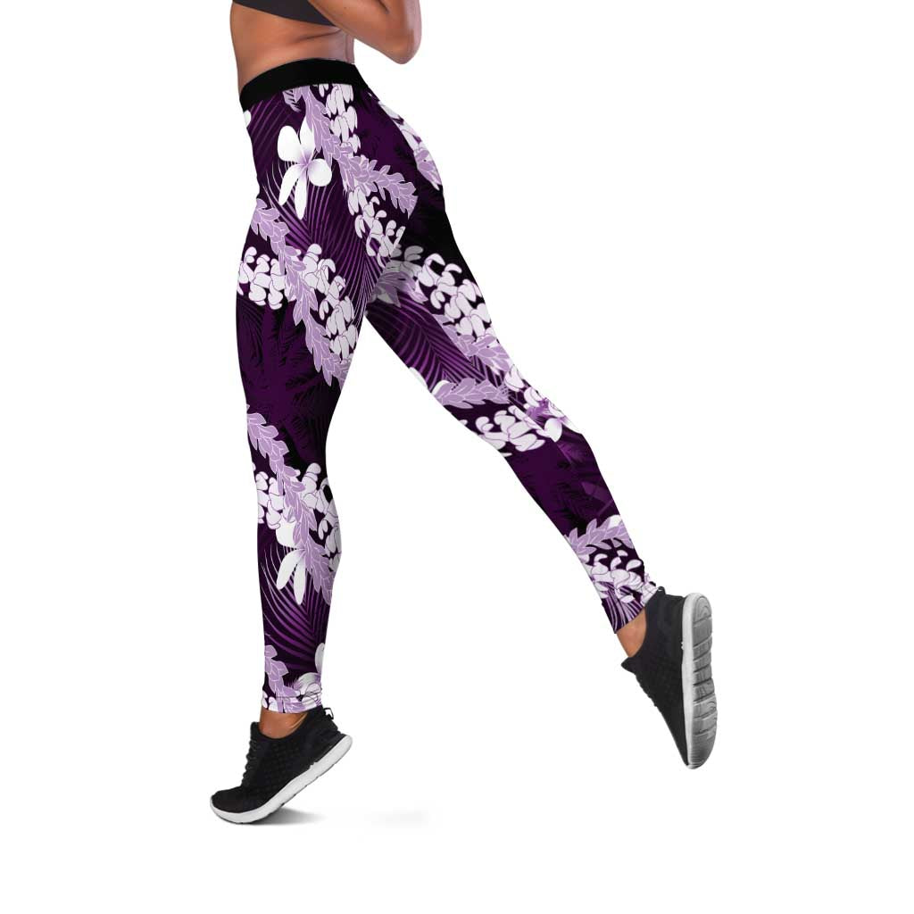 Puakenikeni Maile Lei Leggings Frangipani Purple Tropical Leaves
