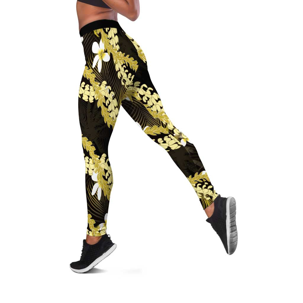 Puakenikeni Maile Lei Leggings Frangipani Yellow Tropical Leaves