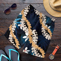 Puakenikeni Maile Lei Shorts for Men Frangipani Blue Tropical Leaves