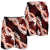 Puakenikeni Maile Lei Shorts for Men Frangipani Red Tropical Leaves