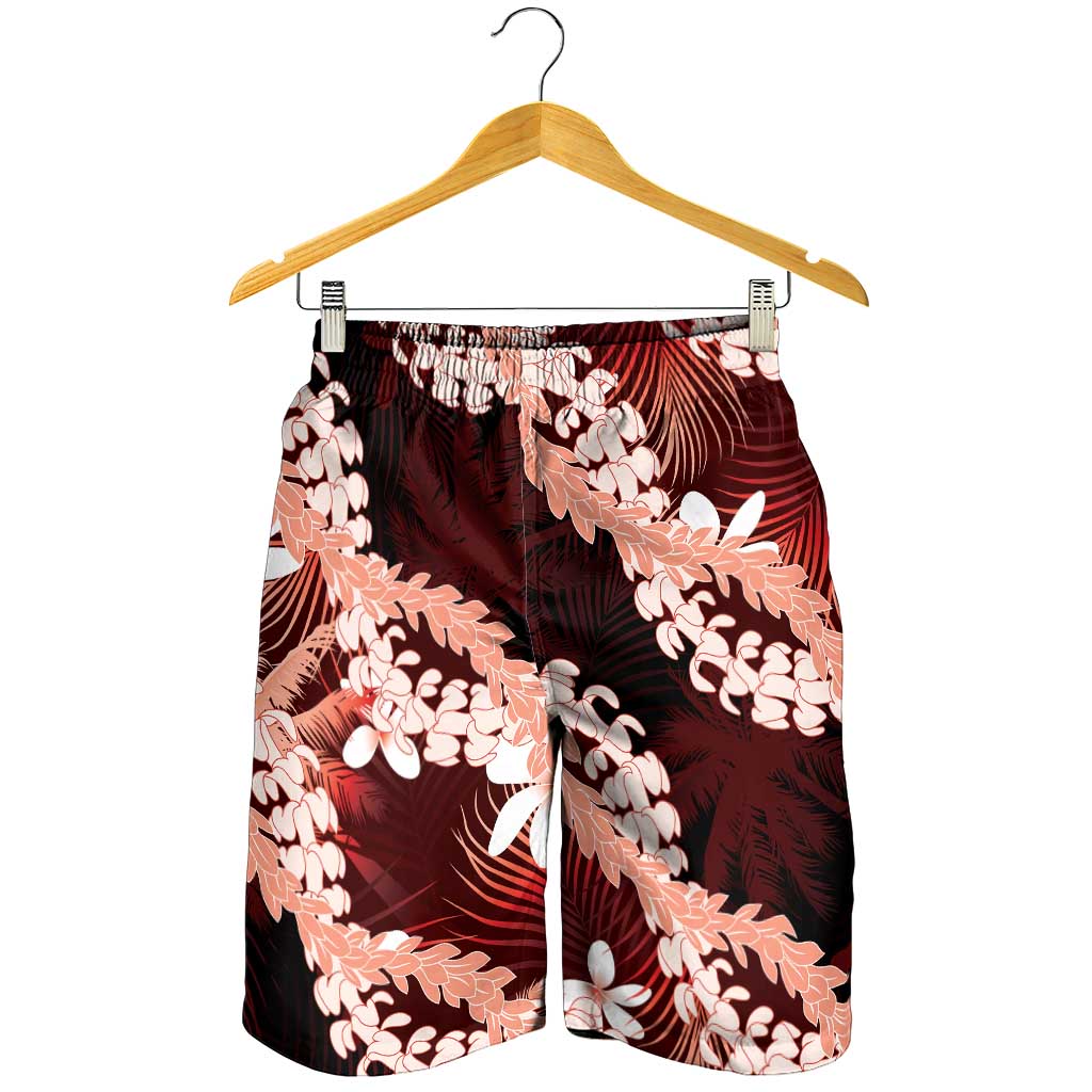 Puakenikeni Maile Lei Shorts for Men Frangipani Red Tropical Leaves