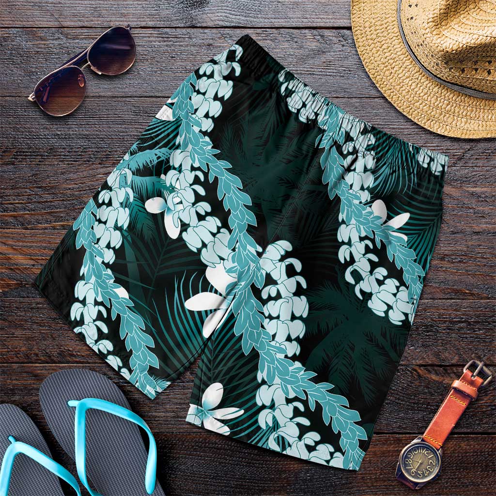 Puakenikeni Maile Lei Shorts for Men Frangipani Turquoise Tropical Leaves