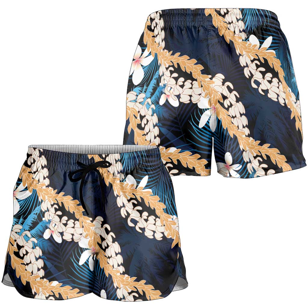 Puakenikeni Maile Lei Shorts for Women Frangipani Blue Tropical Leaves LT01 - Polynesian Pride