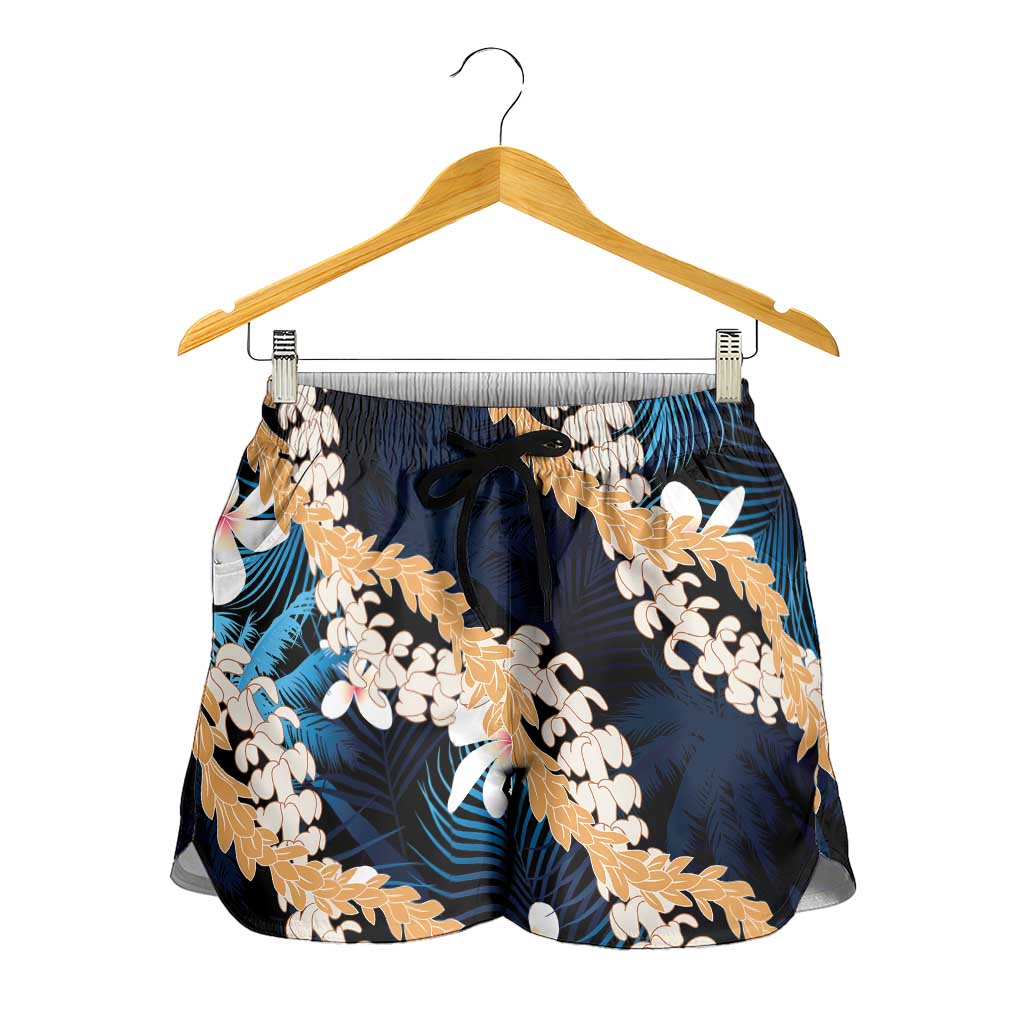 Puakenikeni Maile Lei Shorts for Women Frangipani Blue Tropical Leaves LT01 - Polynesian Pride