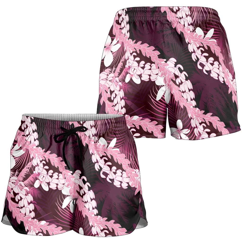 Puakenikeni Maile Lei Shorts for Women Frangipani Pink Tropical Leaves