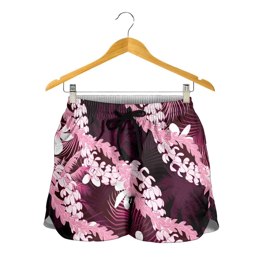Puakenikeni Maile Lei Shorts for Women Frangipani Pink Tropical Leaves