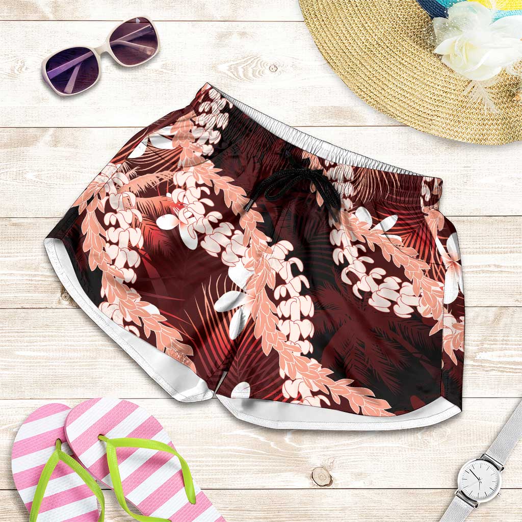 Puakenikeni Maile Lei Shorts for Women Frangipani Red Tropical Leaves LT01 Red - Polynesian Pride