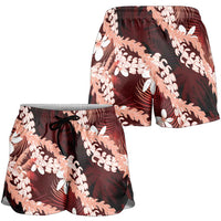Puakenikeni Maile Lei Shorts for Women Frangipani Red Tropical Leaves LT01 - Polynesian Pride