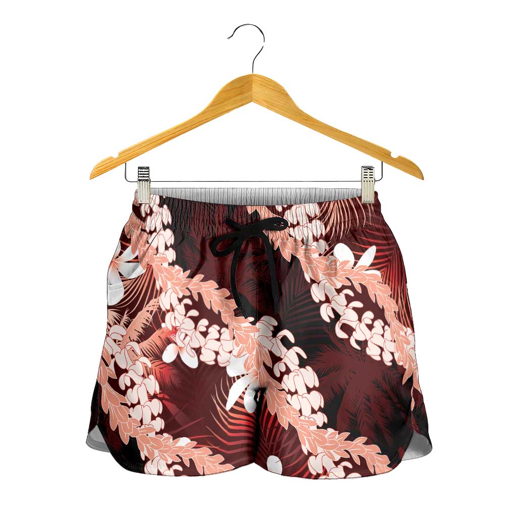 Puakenikeni Maile Lei Shorts for Women Frangipani Red Tropical Leaves LT01 - Polynesian Pride