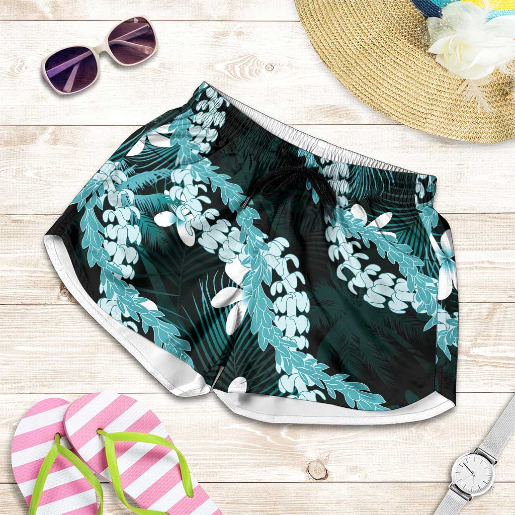 Puakenikeni Maile Lei Shorts for Women Frangipani Turquoise Tropical Leaves LT01 Turquoise - Polynesian Pride