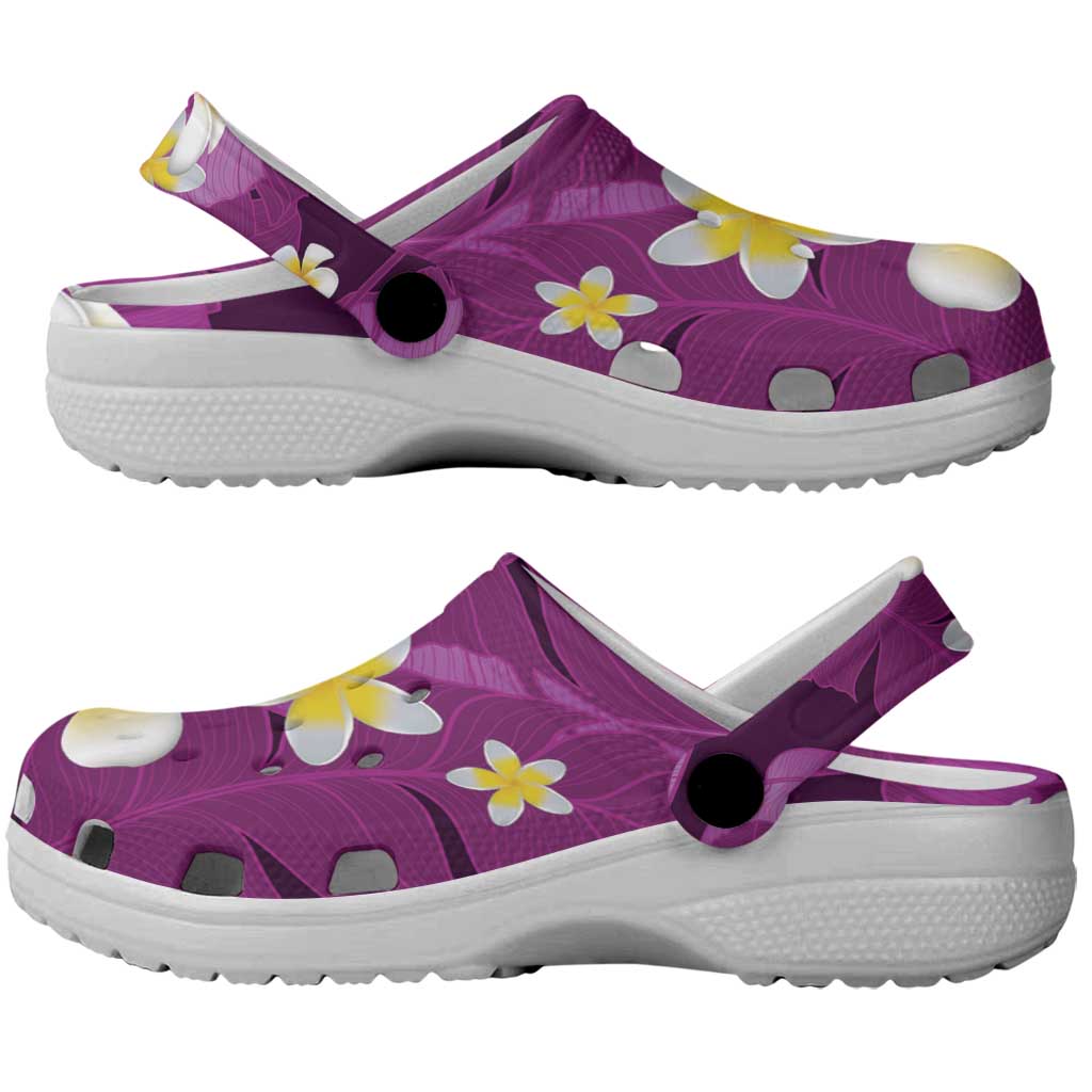 Purple Banana Leaf Hawaii Clogs Shoes Lau Maia Plumeria Tropical Summer Vibes