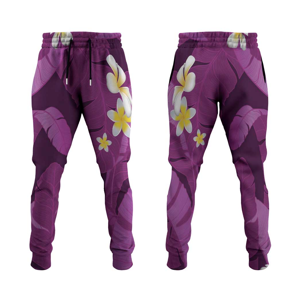 Purple Banana Leaf Hawaii Jogger Pants Lau Maia Plumeria Tropical Summer Vibes