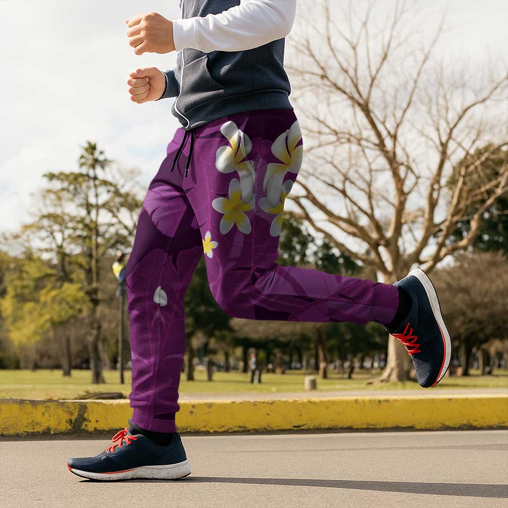 Purple Banana Leaf Hawaii Jogger Pants Lau Maia Plumeria Tropical Summer Vibes