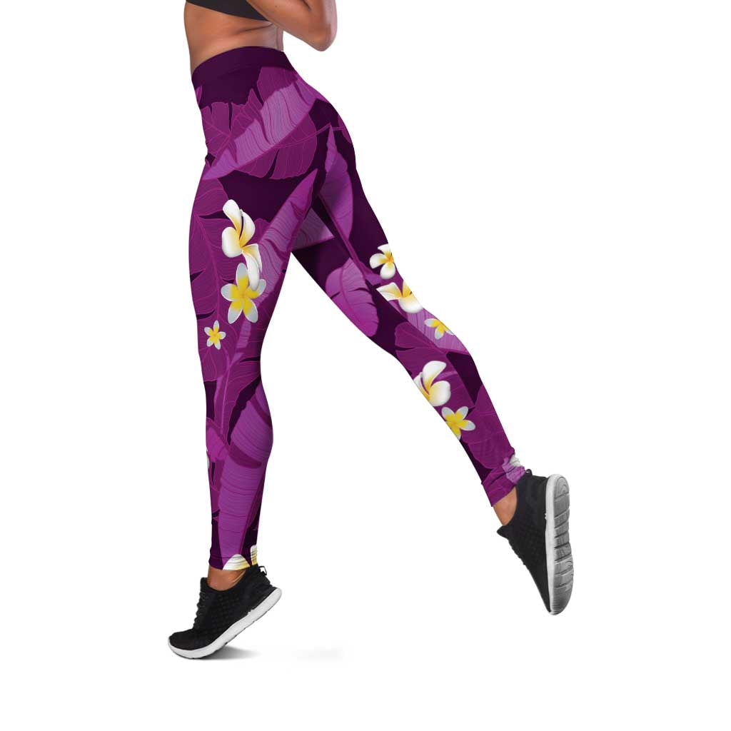 Purple Banana Leaf Hawaii Leggings Lau Maia Plumeria Tropical Summer Vibes