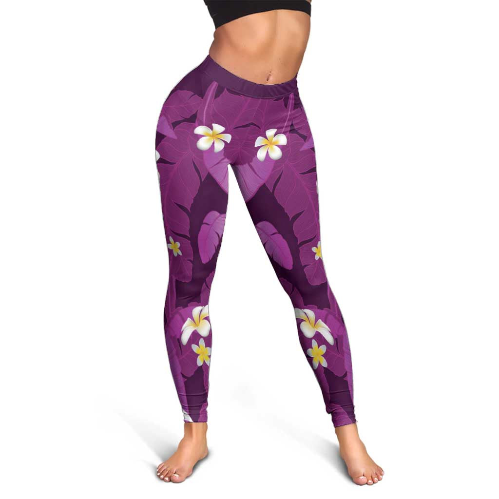 Purple Banana Leaf Hawaii Leggings Lau Maia Plumeria Tropical Summer Vibes