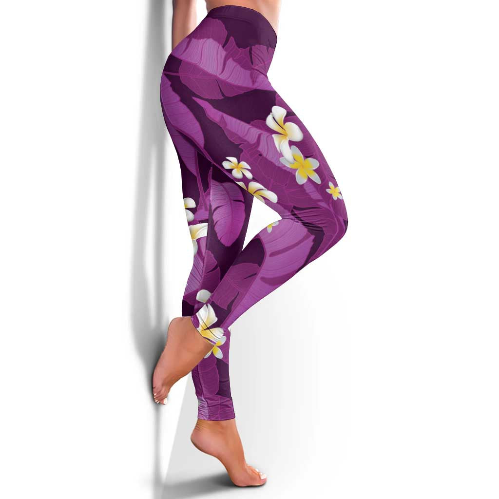 Purple Banana Leaf Hawaii Leggings Lau Maia Plumeria Tropical Summer Vibes