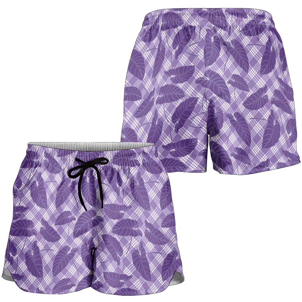 Purple Hawaii Kalo Palaka Motifs Shorts for Women Hawaiian Taro Leaves Elegant Vibes