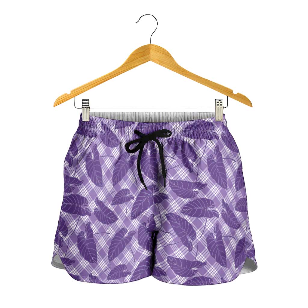 Purple Hawaii Kalo Palaka Motifs Shorts for Women Hawaiian Taro Leaves Elegant Vibes