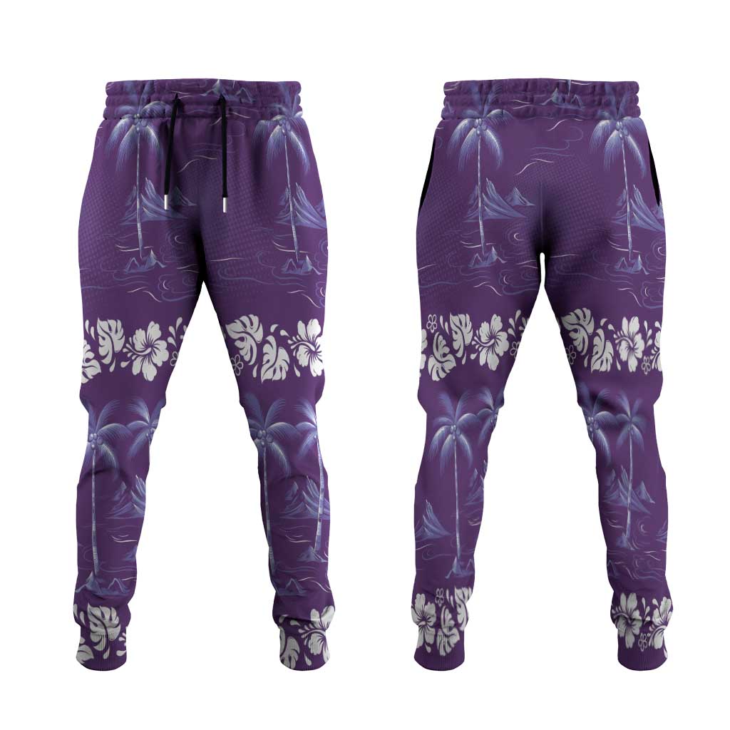 Purple Hawaii Palm Tree Hibiscus Jogger Pants Fantasy Summer Vibe