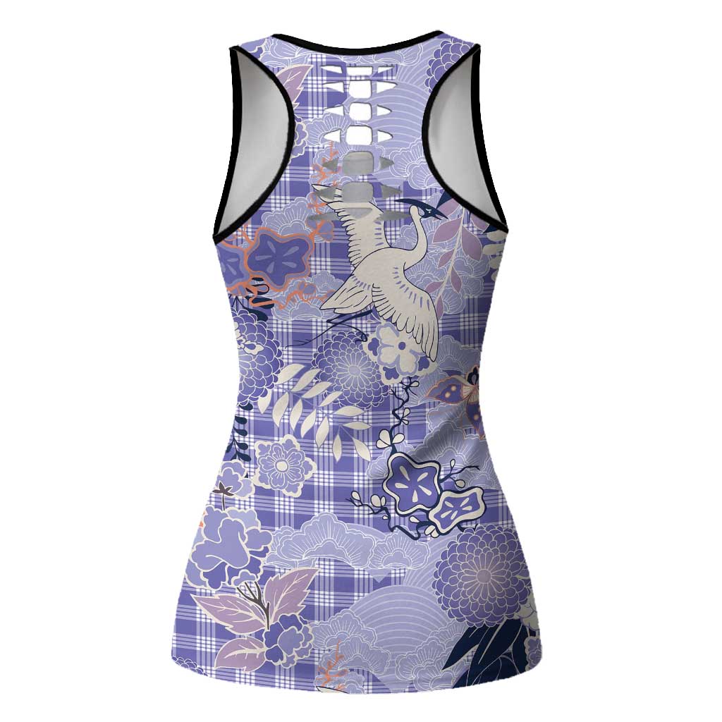 Purple Palaka Crane and Flowers Hollow Tank Top Japan Heritage Spirit - Polynesian Pride