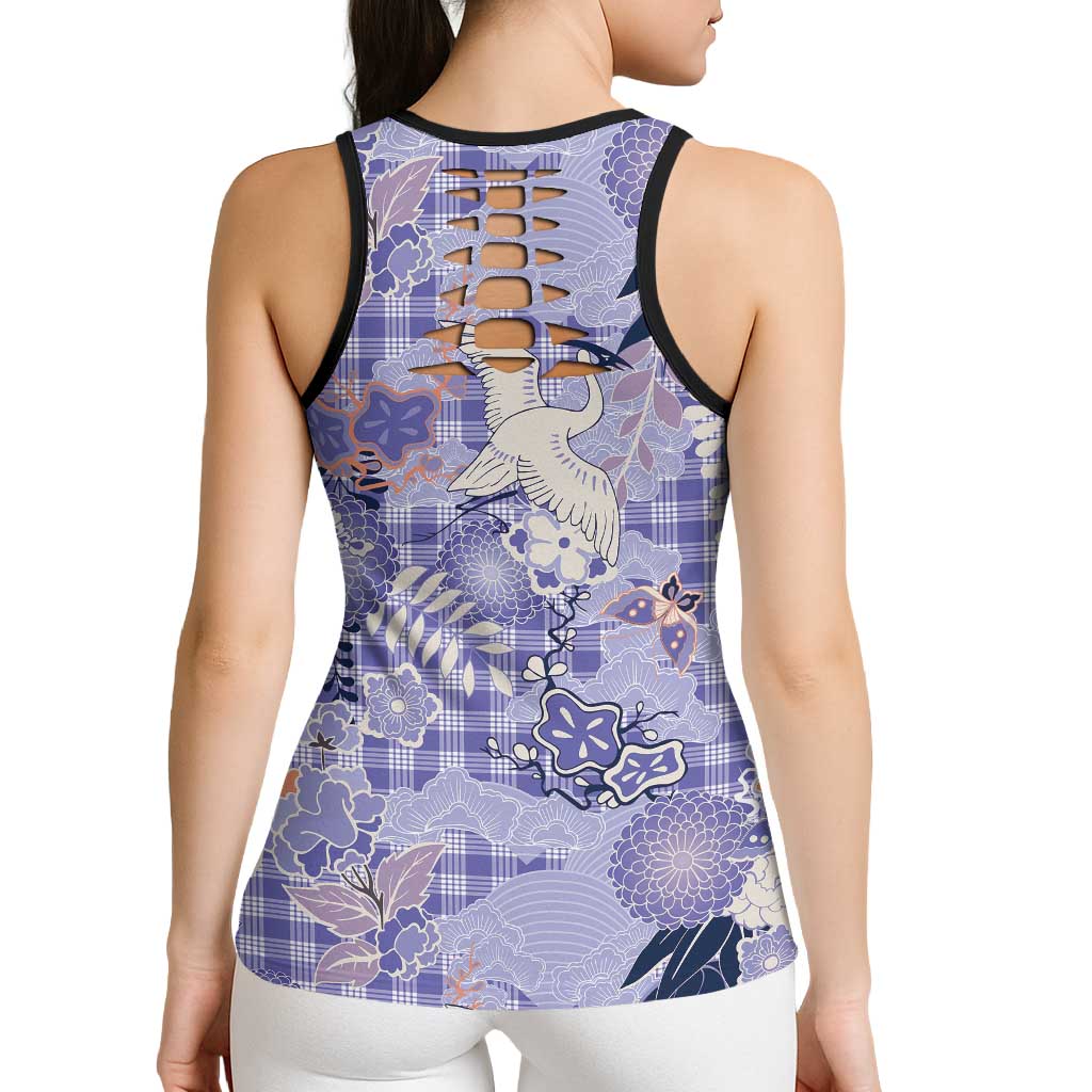 Purple Palaka Crane and Flowers Hollow Tank Top Japan Heritage Spirit - Polynesian Pride